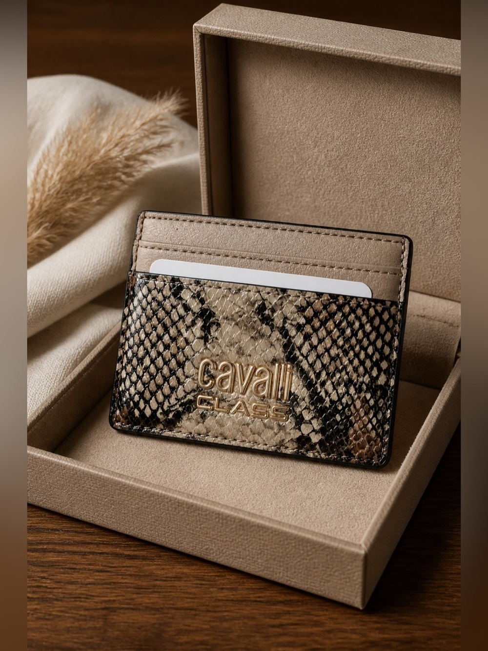 NWT Cavalli Class Snake Print Card Holder with Gold Logo and Interior Pocket